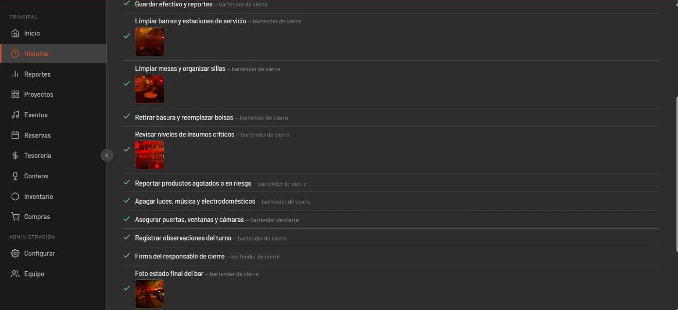 Checklist de cierre con foto obligatoria en limpieza e inventario y el responsable de cada tarea